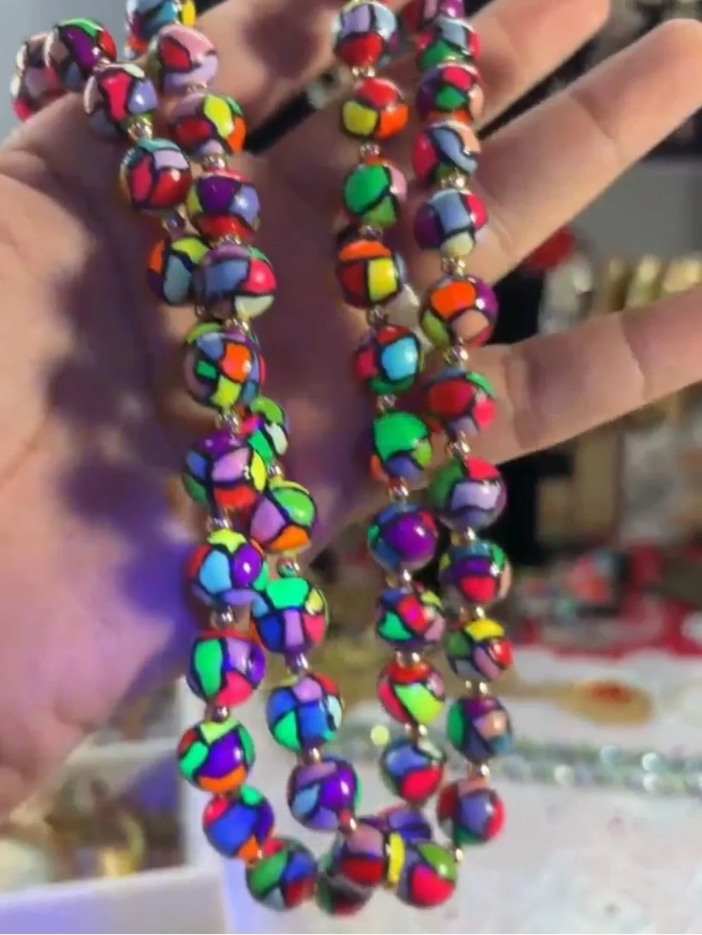 Vintage stained glass Beaded glow party 80s Necklace Gold Accent Beads long 30”